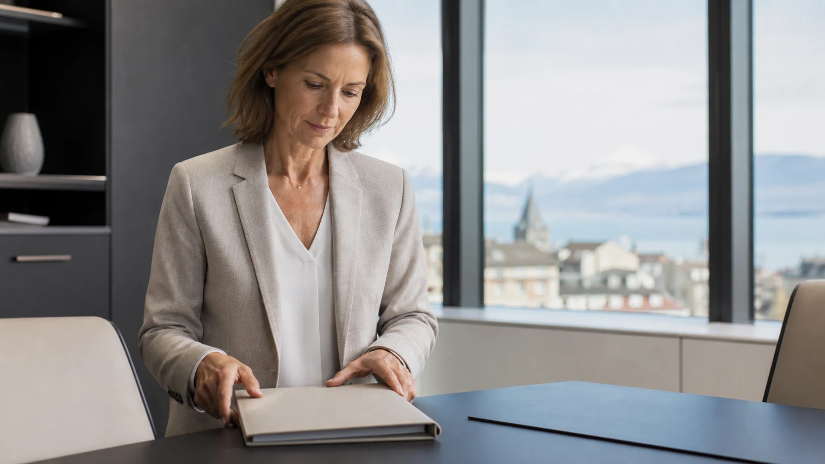 Une personne prépare un dossier patrimonial fermé avant un entretien confidentiel en Suisse romande
