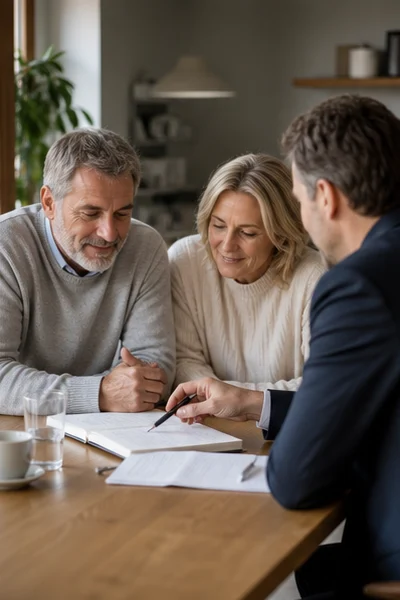 Couple et conseiller discutant calmement d’objectifs de retraite autour de notes non chiffrées
