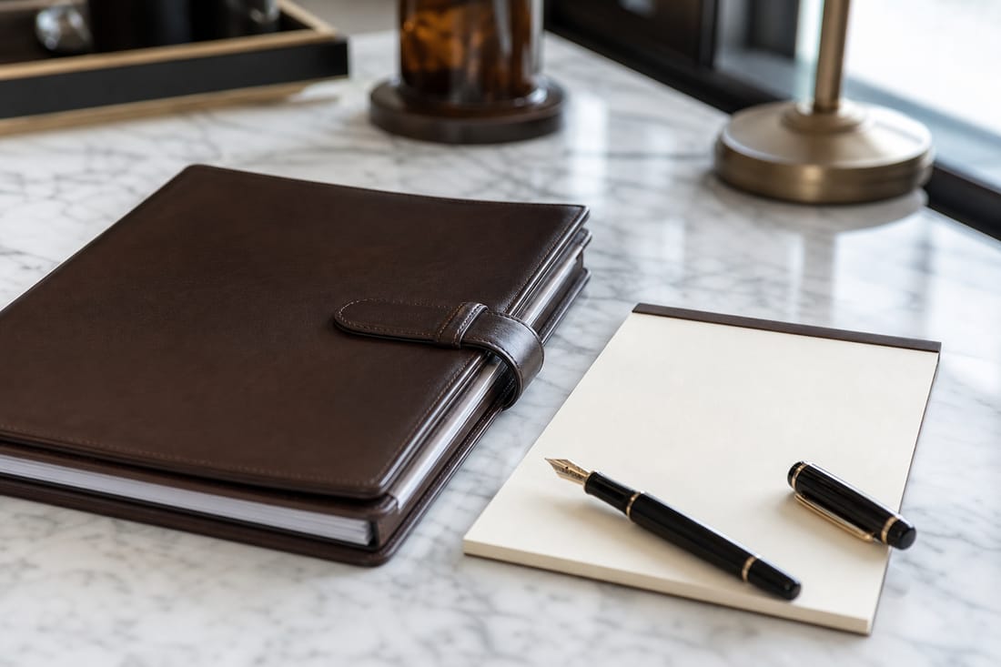 Exemple : dossier ouvert et stylo sur une table de travail