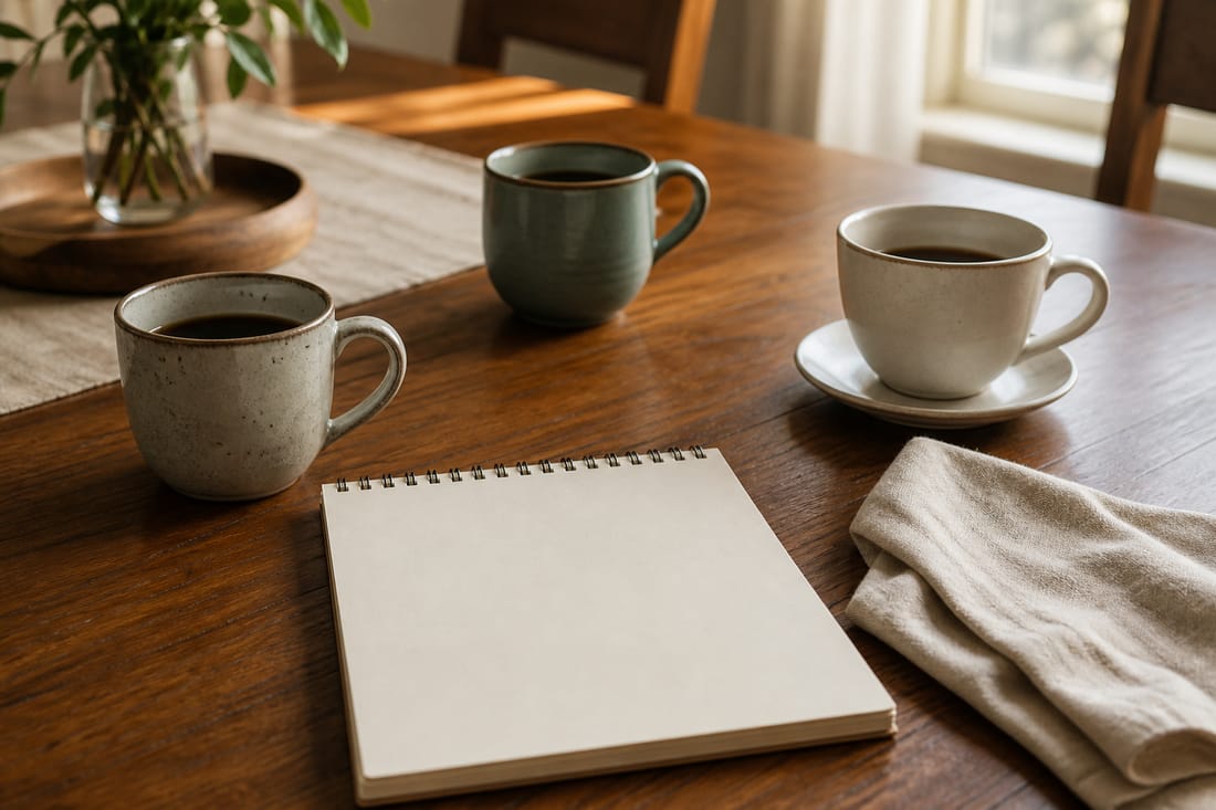 Exemple : tasses et documents sur une table de réunion, sans visages
