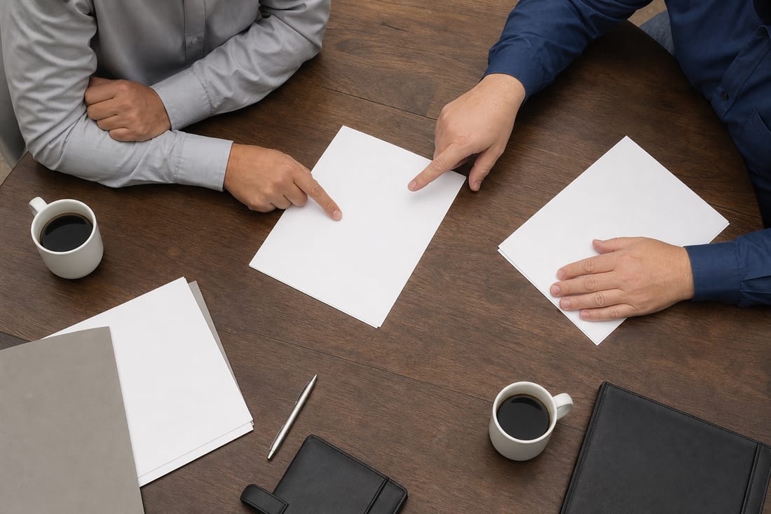 Exemple : réunion cadrée sur les mains et documents, sans visages