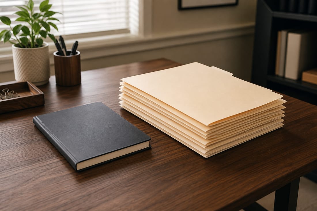 Exemple : mains classant des dossiers crème sur un bureau