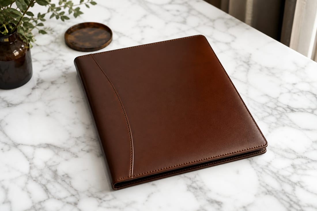 Exemple : portefeuille en cuir fermé sur un bureau en marbre