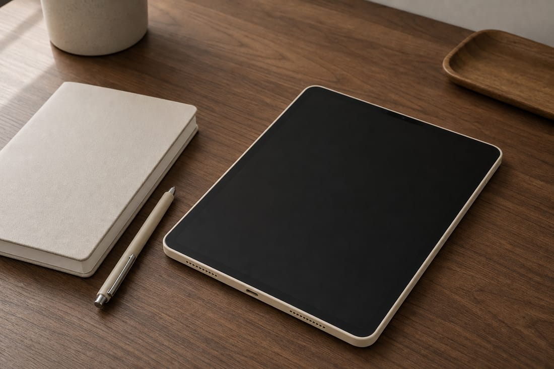 Exemple : mains consultant une tablette sur un bureau neutre