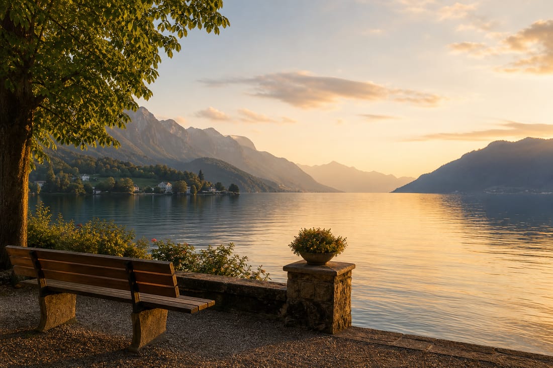Exemple : terrasse calme face à un lac alpin, sans personnes
