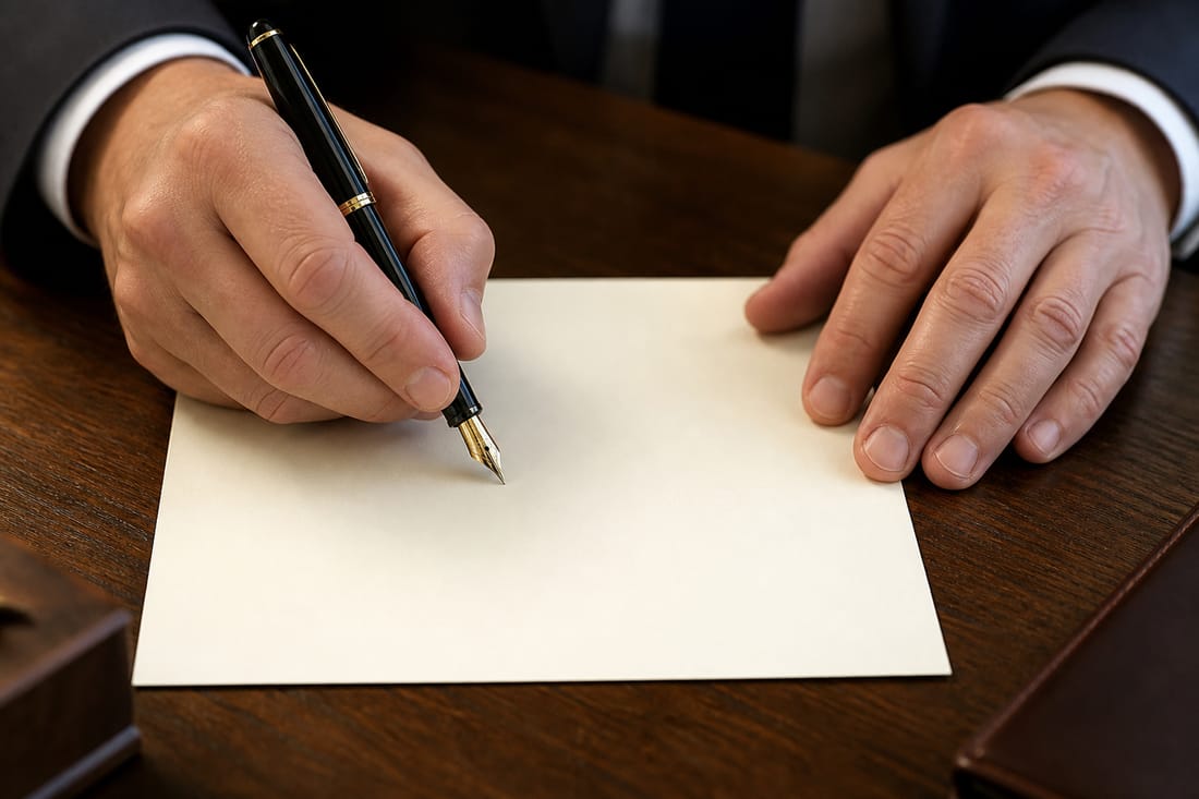 Exemple : mains signant un document sur une table en bois