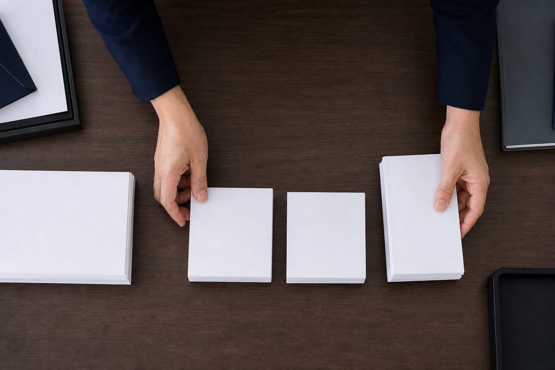 Exemple : mains organisant des piles de documents blancs