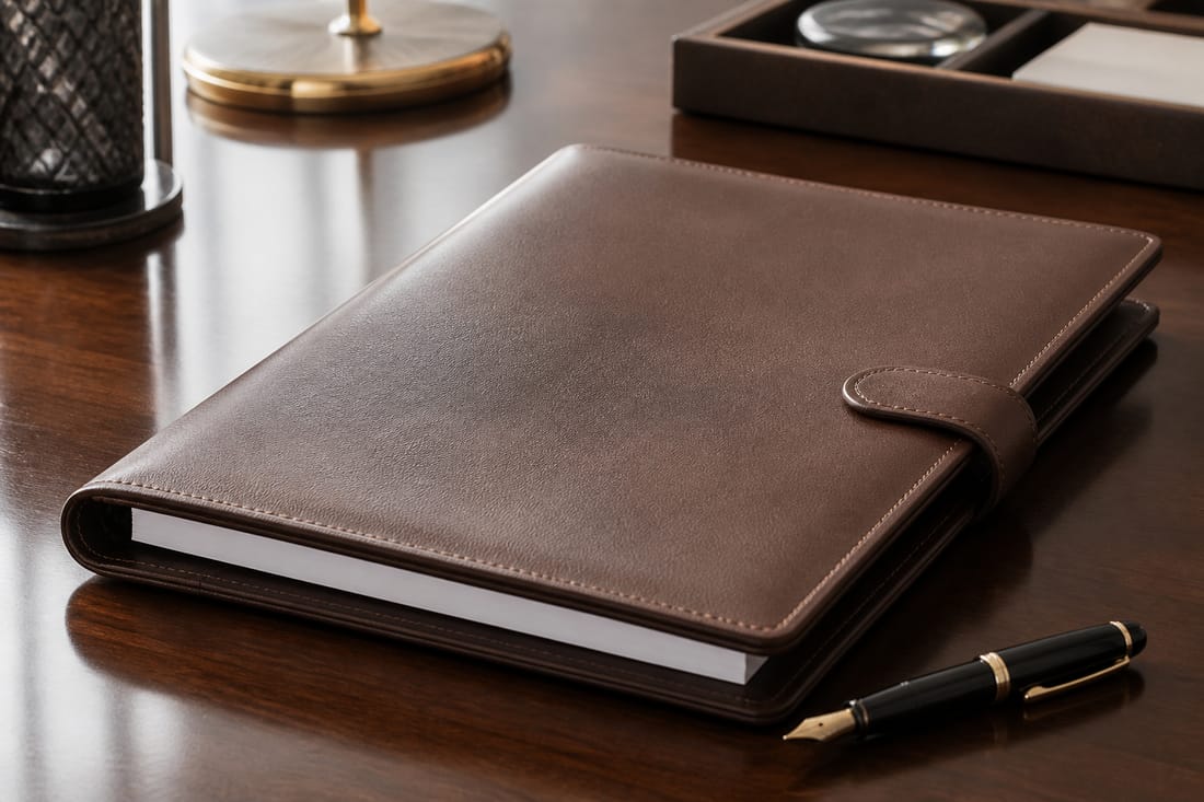 Exemple : documents reliés et stylo sur un bureau de conseil